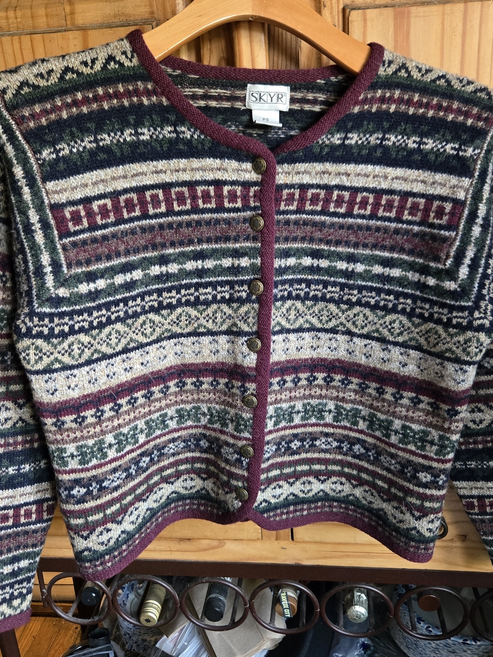 Skyr Vintage Multicolor Fair Isle Button-Front Cardigan with Burgundy Trim